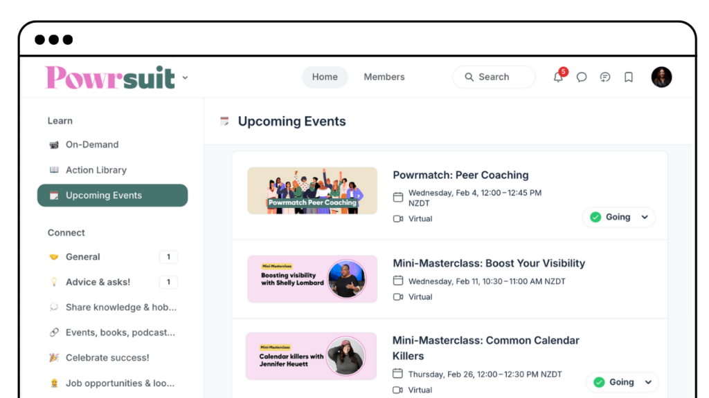 Screenshot of Powrsuit's upcoming events